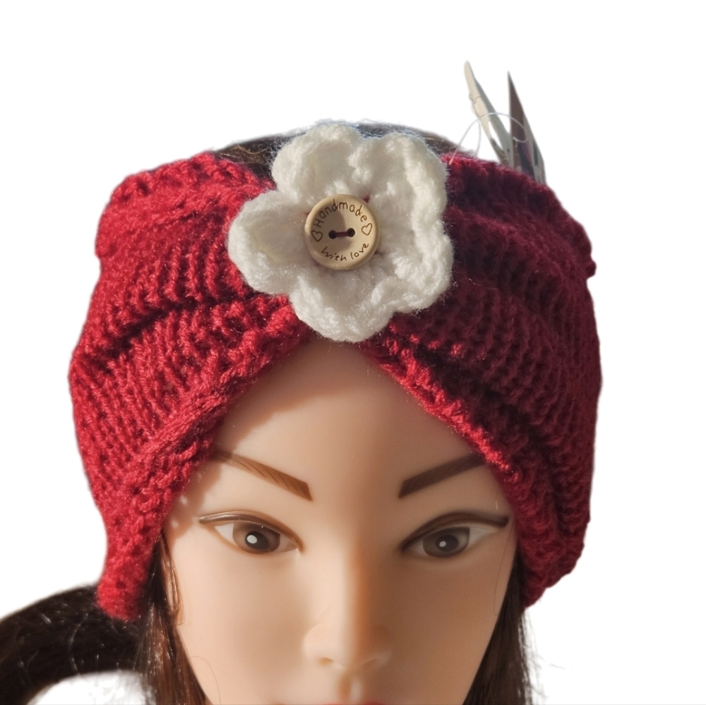 Hand Crafted 3 in 1 hair accessory crochet floral ear warmer Winter headband red - Picture 10 of 17
